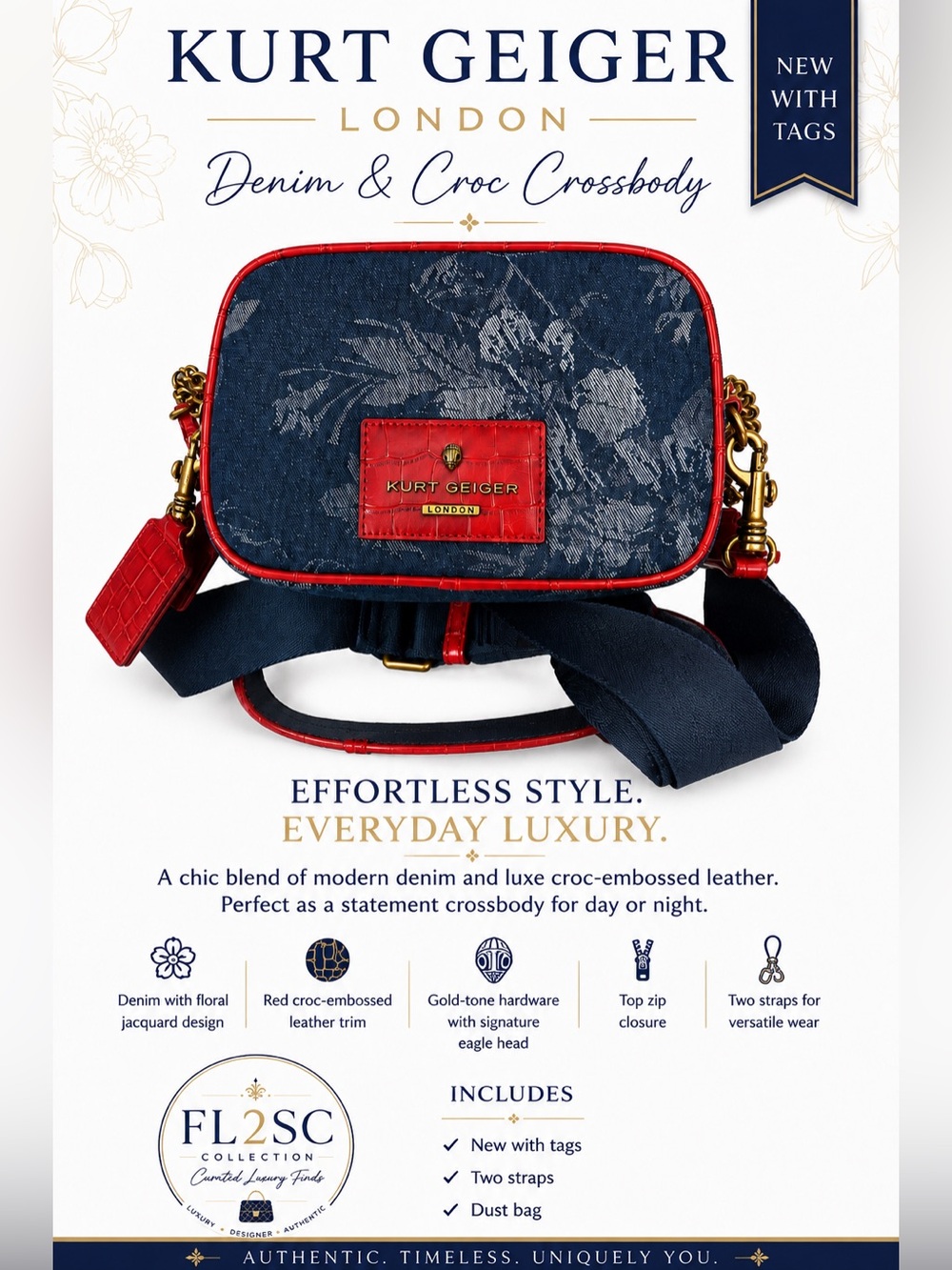 Kurt Geiger Navy Denim Floral Crossbody with Red Croc Trim - Picture 2 of 6